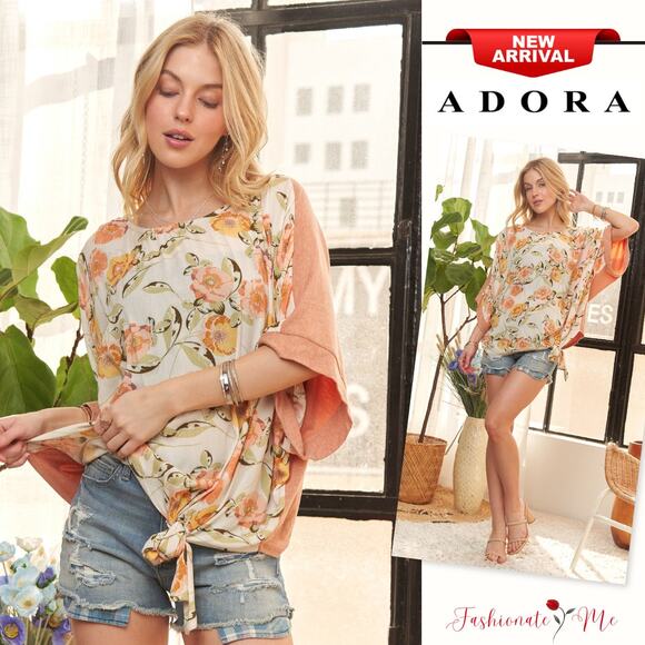 ADORA Floral Pattern Drop Shoulder Side Tie Detail Crew Neck Tunic Top | Coral - Picture 1 of 8